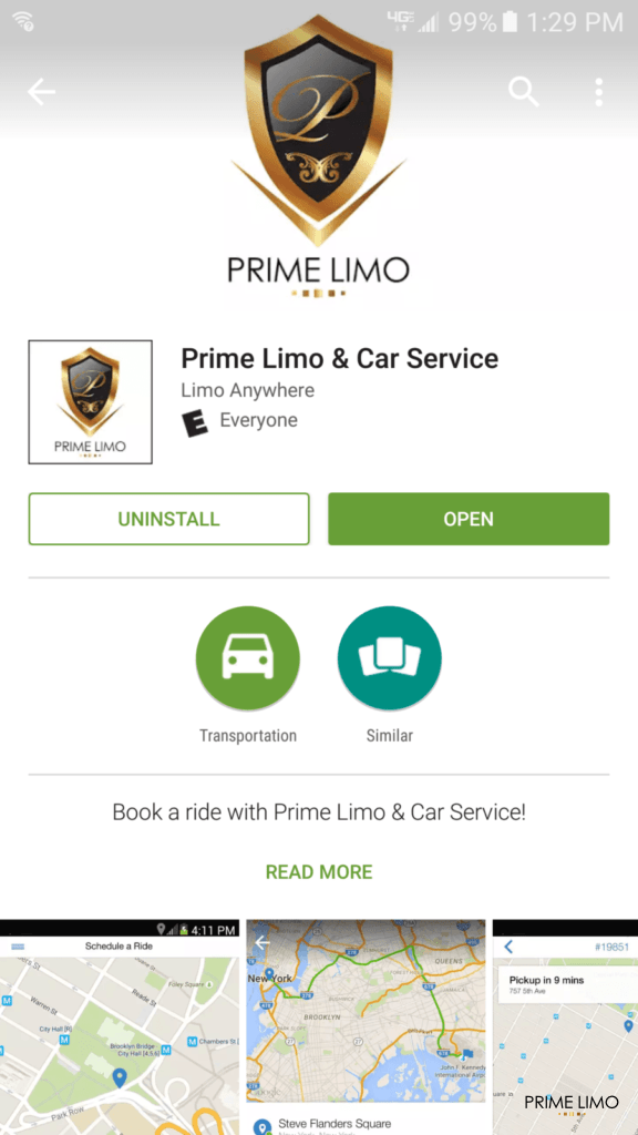 Screenshot of Prime Limo's app in Android Play Store
