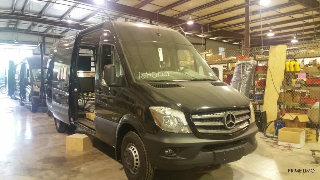 Exterior of our black Sprinter Limo being built