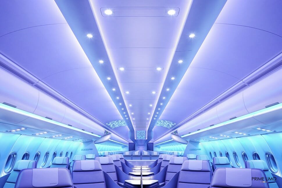 Image of new Airbus Cabin with LED lights and wide seats