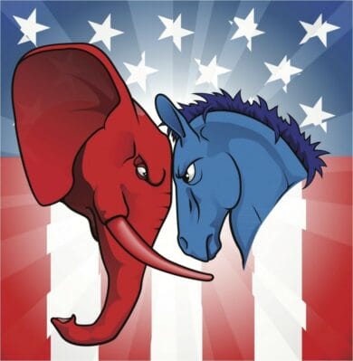 Red elephant vs blue donkey